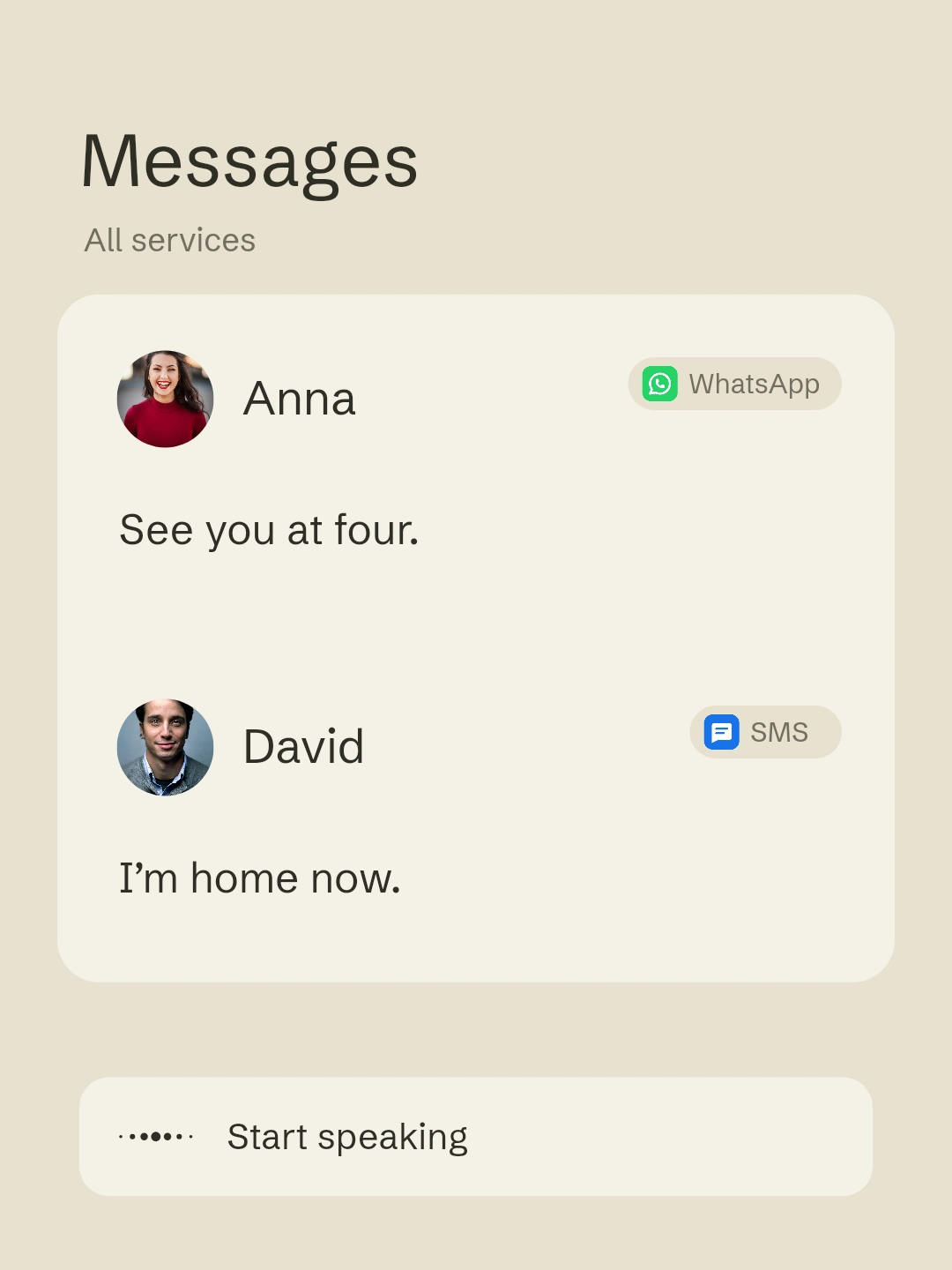 WhatsApp and SMS messages merge into one inbox; Anna’s conversation opens and a reply is sent in the same view
