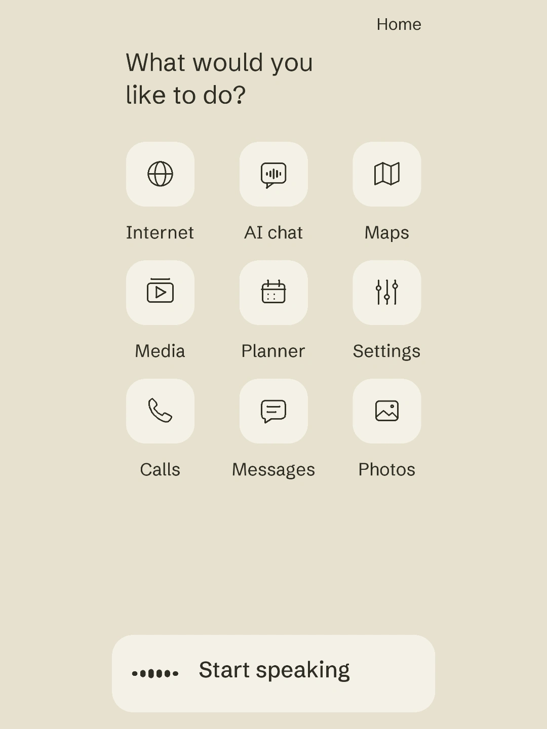 Home expands upward into the app collection, then Photos opens from its icon