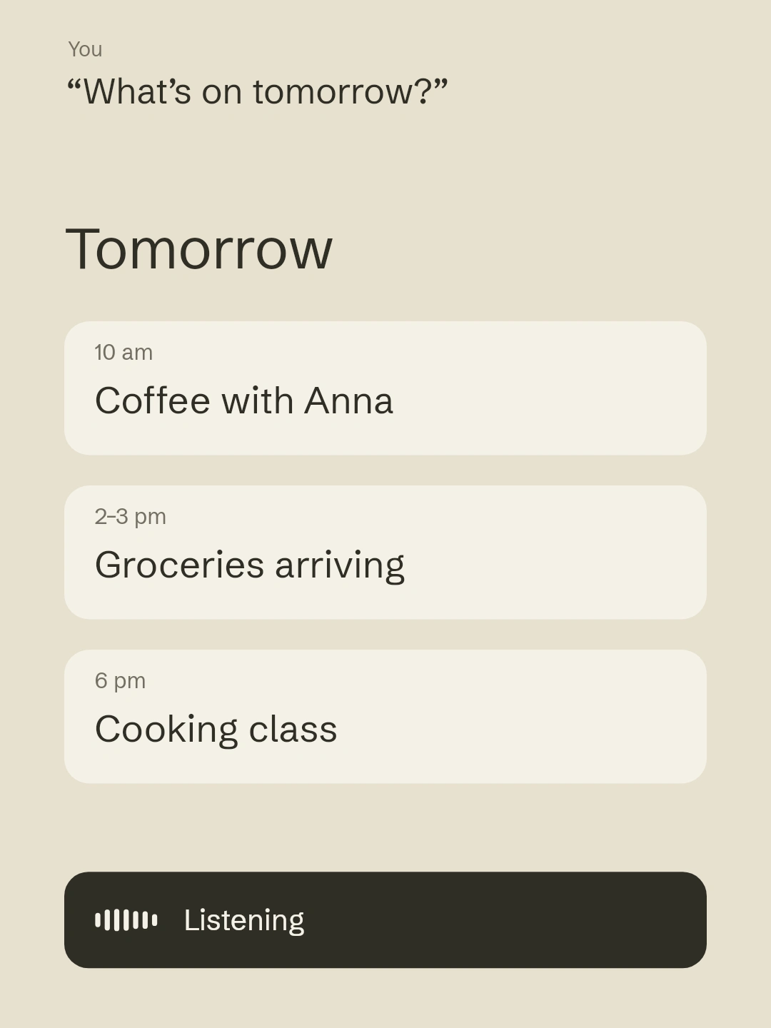 Mission checks tomorrow’s agenda, shares it with Anna and adds cooking ingredients to an existing grocery delivery