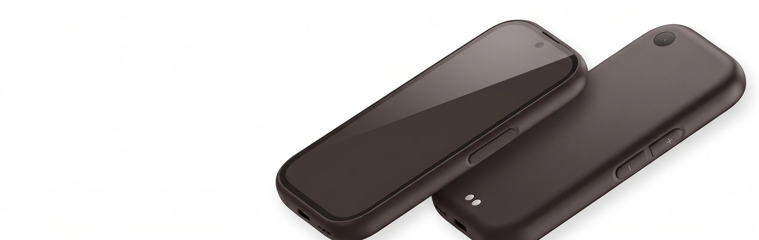 Two charcoal Mission Phones showing the blank front screen and plain back