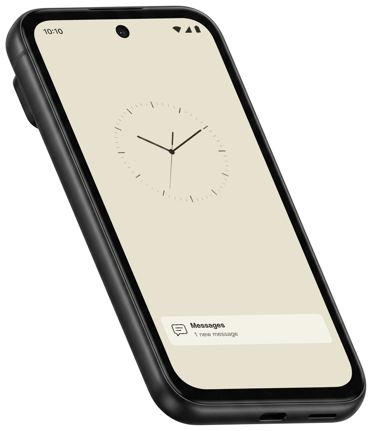 Google Pixel 8a showing the Mission OS lock screen with an analog clock and message notification